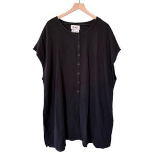 Flax Linen Short Sleeve Button Front Scoop Neck Mini Dress Tunic Black 18-20